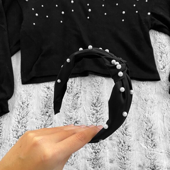 H&M Black + White Beaded Embellished Pearl Pullover Sweater + Matching Headband - Picture 4 of 6